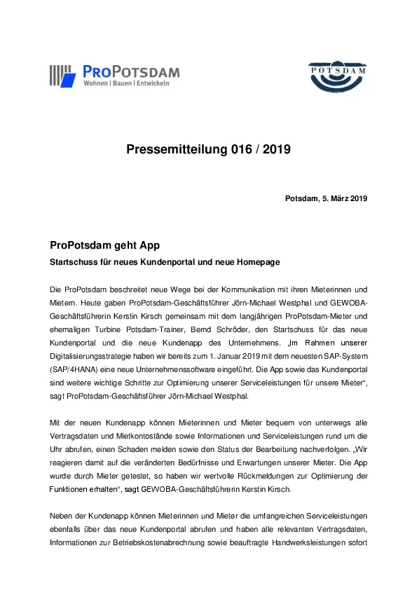 ProPotsdam geht App, Pressemitteilung