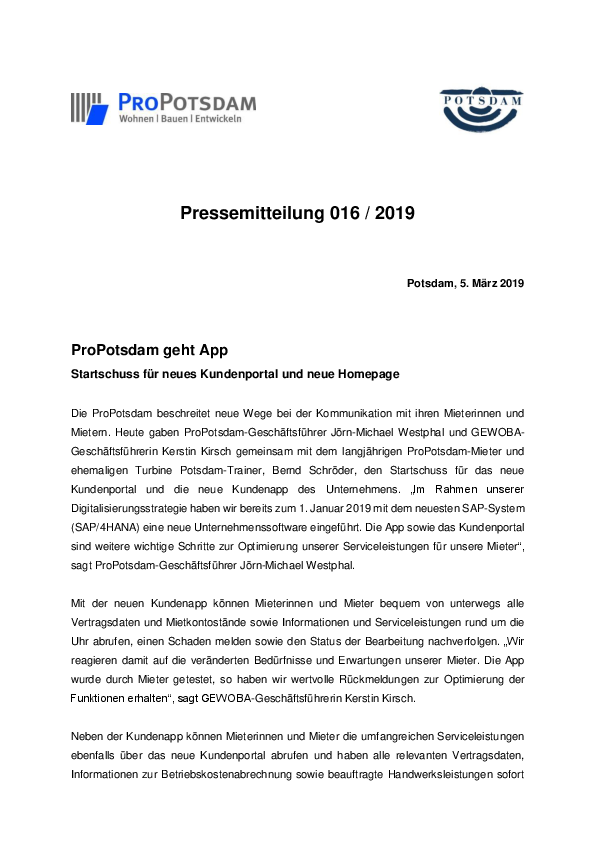 ProPotsdam geht App, Pressemitteilung