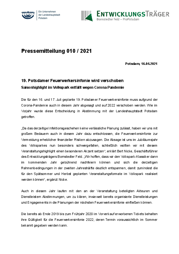PM Entwicklungsträger Bornstedter Feld GmbH Absage 19. Potsdamer Feuerwerkersinfonie