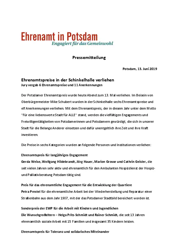 Pressemiteilung mit den Ergebnissen des Potsdamer Ehrenamtspreises 2019