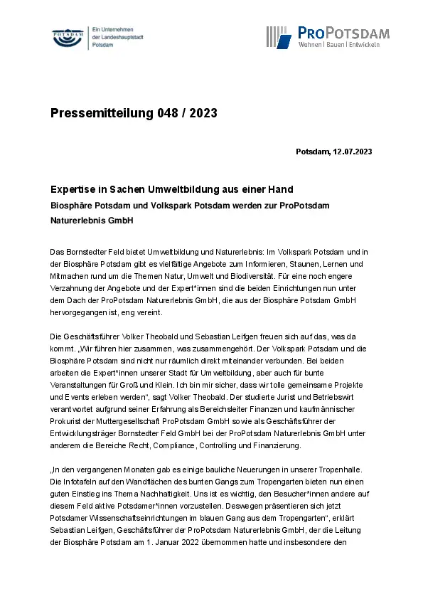 048/2023 ProPotsdam Pressemitteilung 048/2023 ProPotsdam Pressemitteilung
