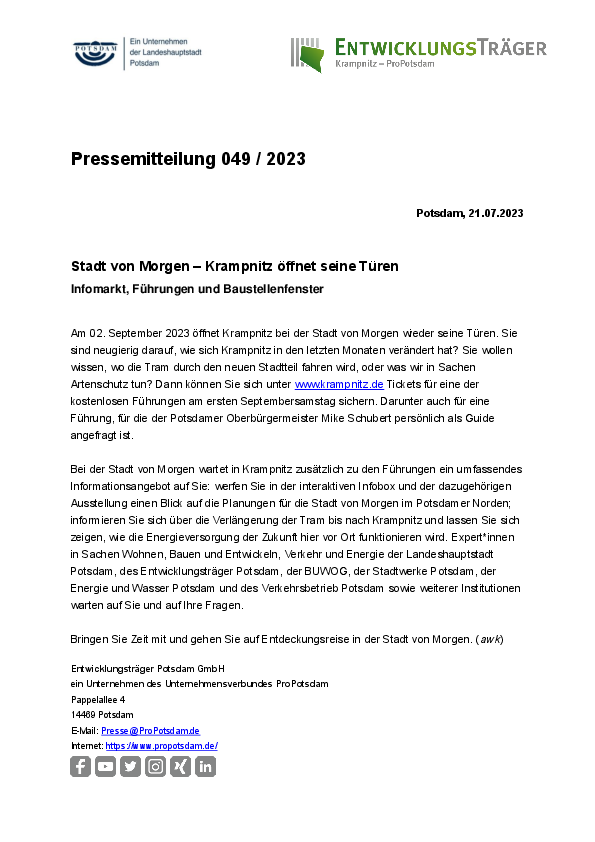 049/2023 Entwicklungsträger Potsdam Pressemitteilung
