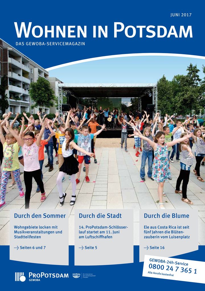 Cover des Gewoba-Servicemagazins Wohnen in Potsdam mit tanzenden Kindern vor einer Bühne in Drewitz