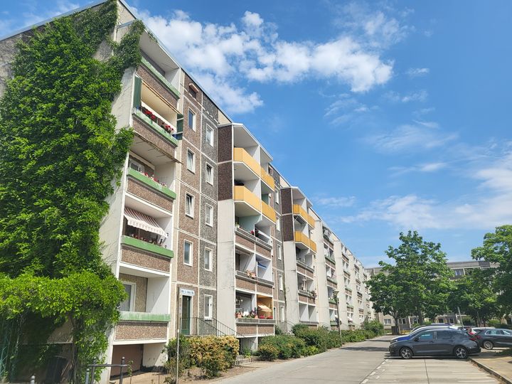 Unsanierter Plattenbau mit begrünter Seitenfassade