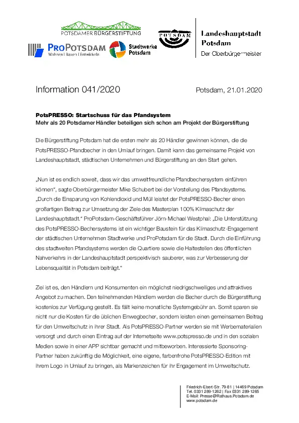 PotsPRESSO: Startschuss für das Pfandsystem