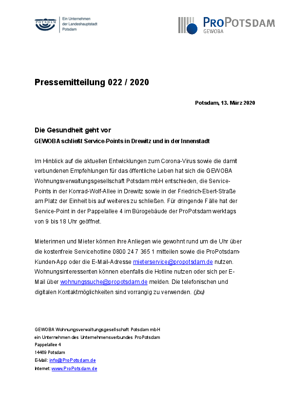 Pressemitteilung GEWOBA schließt Servicepoints