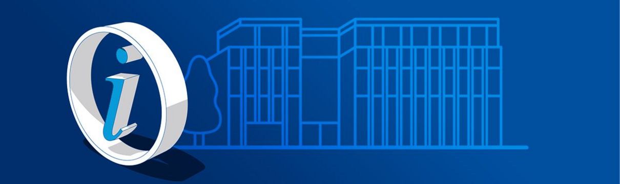 Blauer Hintergrund mit einem großen Ausrufereichen und weißer Schrift