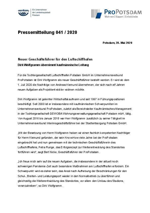 Pressemitteilung ProPotsdam GmbH Pressemitteilung ProPotsdam GmbH