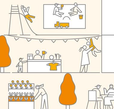 Orange-gelb-weiße Illustration, die verschiedene soziale Tätigkeiten zeigt