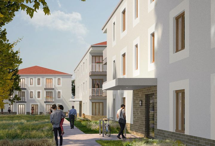 Architekten-Visualisierung eines Ensembles aus drei dreigeschossigen kleinen, hellen Wohnhäusern