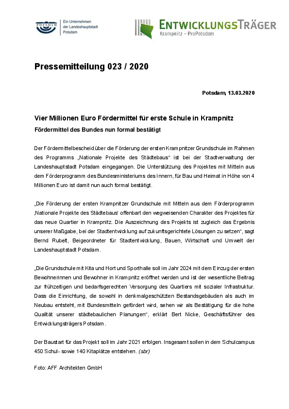 Pressemitteilung_ETP_Fördermittel für erste Schule in Krampnitz Pressemitteilung_ETP_Fördermittel für erste Schule in Krampnitz