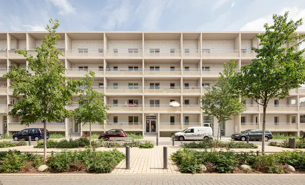 Sanierter fünf-etagiger Plattenbau und im Vordergrund der begrünter Mittelstreifen einer Straße mit Bäumen