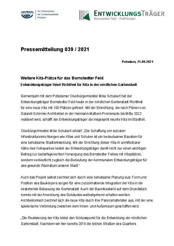 Entwicklungsträger Bornstedter Feld GmbH Entwicklungsträger Bornstedter Feld GmbH