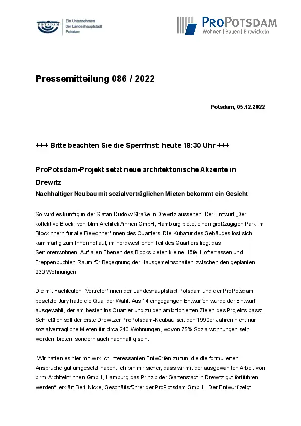 ProPotsdam-Projekt setzt neue architektonische Akzente in Drewitz ProPotsdam-Projekt setzt neue architektonische Akzente in Drewitz
