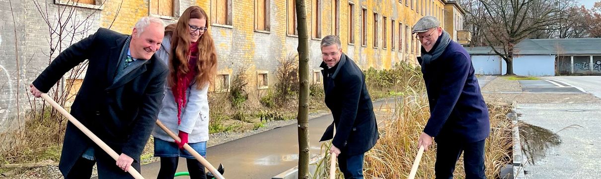 199 neue Bäume für Potsdams neuen Norden (Foto: Sebastian Brandner) Der Geschäftsführer des Entwicklungsträgers, der Oberbürgermeister und der Baubeigeordnete pflanzen einen Baum ein.