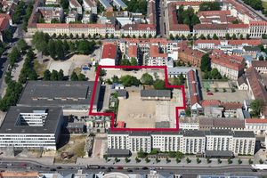 Luftbild Potsdam, in dem eine rote Umrandung um eine Freifläche eingezeichnet ist.