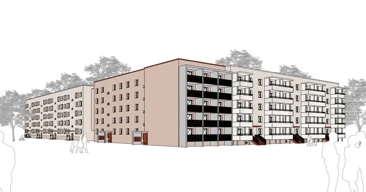Visualisierung Architekten-Visualisierung Gebäuderiegel fünfetagiger Wohnblock in Braun- und Grautönen