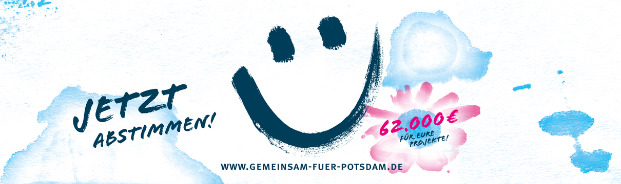 Grafik mit dem Logo des Förderwettbewerbs: Ein graues Smileyface auf weiß-blauem Hintergrund und dem Schriftzug "Jetzt abstimmen". In pink wird die Fördersumme 62.000 Euro angegeben.