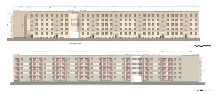 Architektenvisualisierung der Ost- und Westseite des mehrgeschossigen Wohnungsbau