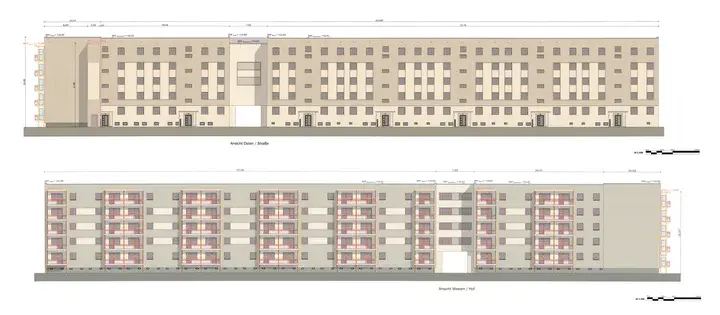 Architektenvisualisierung der Ost- und Westseite des mehrgeschossigen Wohnungsbau