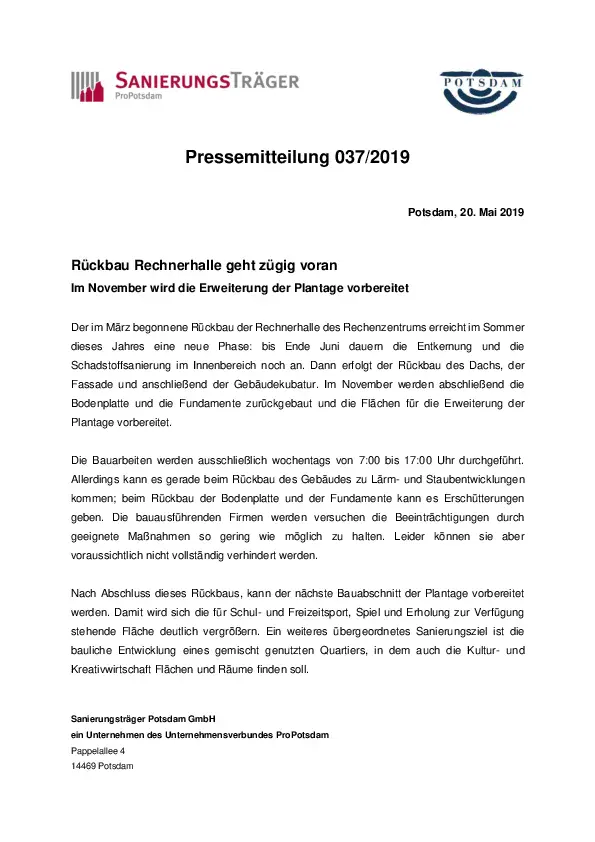 Pressemitteilung des Sanierungsträgers zum Rückbau der Rechnerhalle Pressemitteilung des Sanierungsträgers zum Rückbau der Rechnerhalle