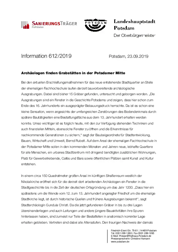Pressemitteilung zu Ausgrabungen Potsdamer Mitte Pressemitteilung zu Ausgrabungen Potsdamer Mitte