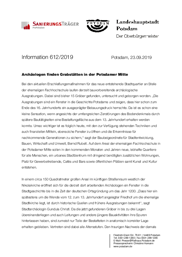 Pressemitteilung zu Ausgrabungen Potsdamer Mitte
