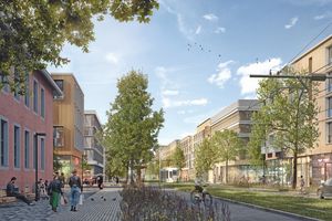 Die Grafik zeigt eine Straße mit breiten Radwegen, Fußgängerwegen und Tramschienen, so soll Krampnitz aussehen.