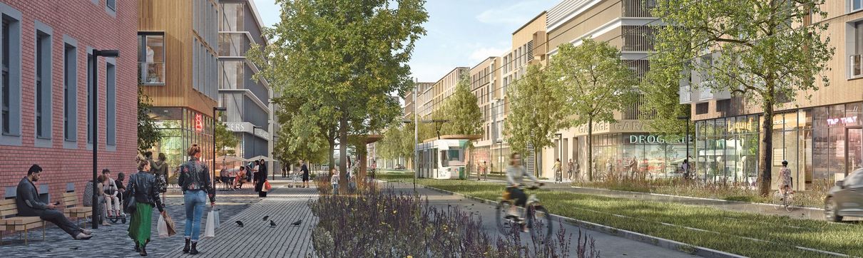 Die Grafik zeigt eine Straße mit breiten Radwegen, Fußgängerwegen und Tramschienen, so soll Krampnitz aussehen.