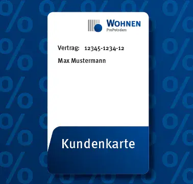 Blauer Hintergrund mit Muster aus Prozentzeichen auf dem eine beispielhafte Kundenkarte abgebildet ist