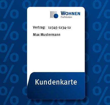 Blauer Hintergrund mit Muster aus Prozentzeichen auf dem eine beispielhafte Kundenkarte abgebildet ist