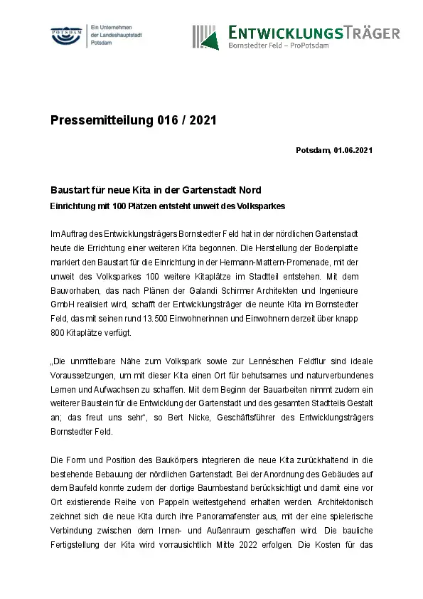 Entwicklungsträger Bornstedter Feld GmbH Entwicklungsträger Bornstedter Feld GmbH