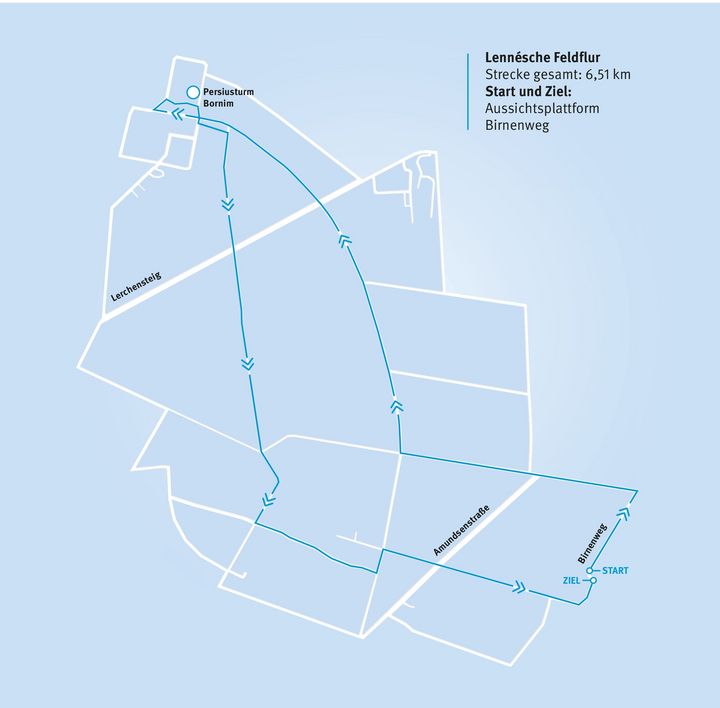 Vereinfachte, hellblaue Grafik einer Laufstrecke in der Lennésche Feldflur