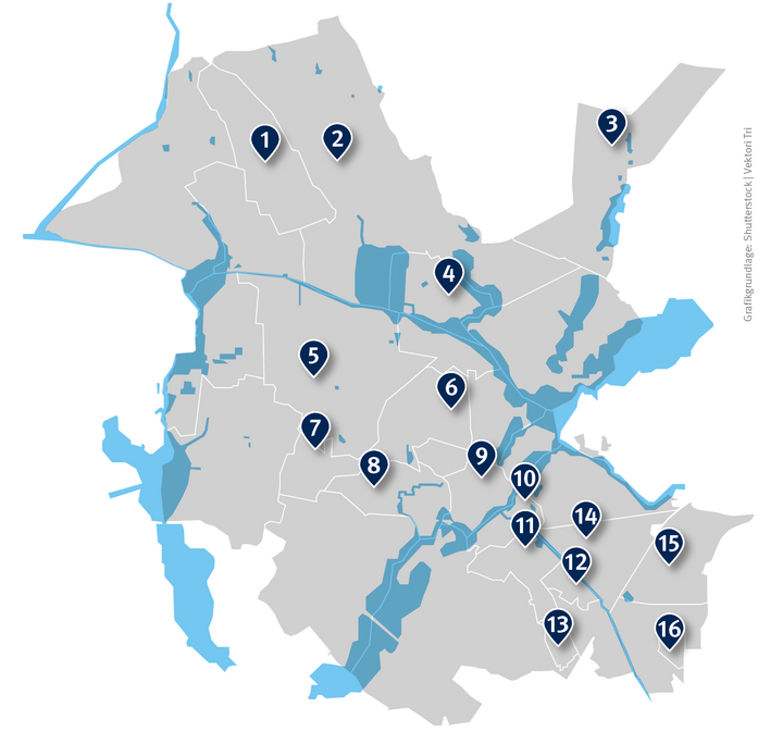 Stilisierte Karte mit Gewässern und 16 nummerierten Standortmarkern