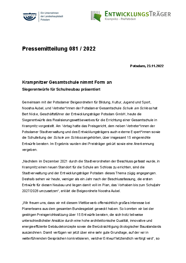 Krampnitzer Gesamtschule nimmt Form an