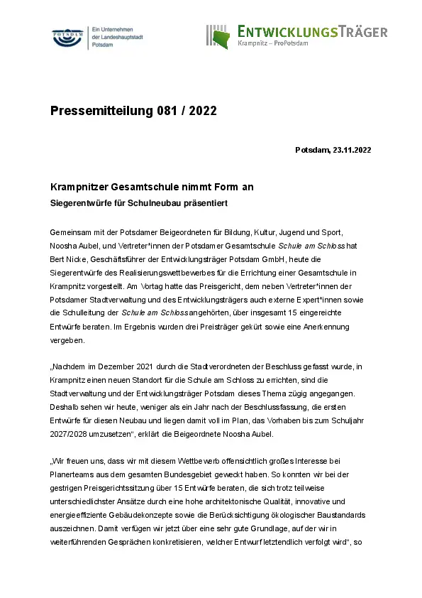 Krampnitzer Gesamtschule nimmt Form an Krampnitzer Gesamtschule nimmt Form an
