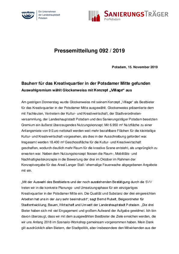 Pressemeldung zum Kreativquartier in der Potsdamer Mitte 