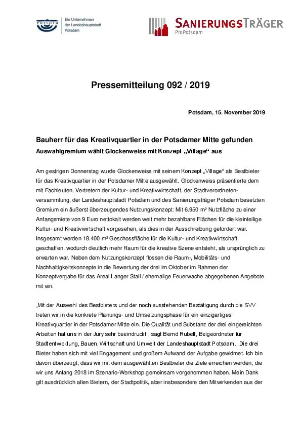 Pressemeldung zum Kreativquartier in der Potsdamer Mitte Pressemeldung zum Kreativquartier in der Potsdamer Mitte