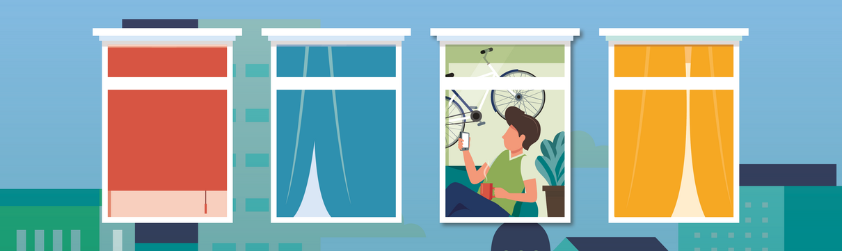 Vier illustratierte Fenster, von denen man in eines hineinblicken kann und einen Mann mit Handy sieht. Im Hintergrund hängt ein Rad an der Wand.