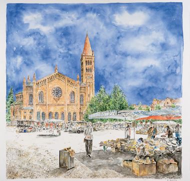 Auf dem Gemälde ist die St. Peter und Paul Kirche im Hintergrund und im Vordergrund der Bassinplatz mit buntem Markttreiben abgebildet