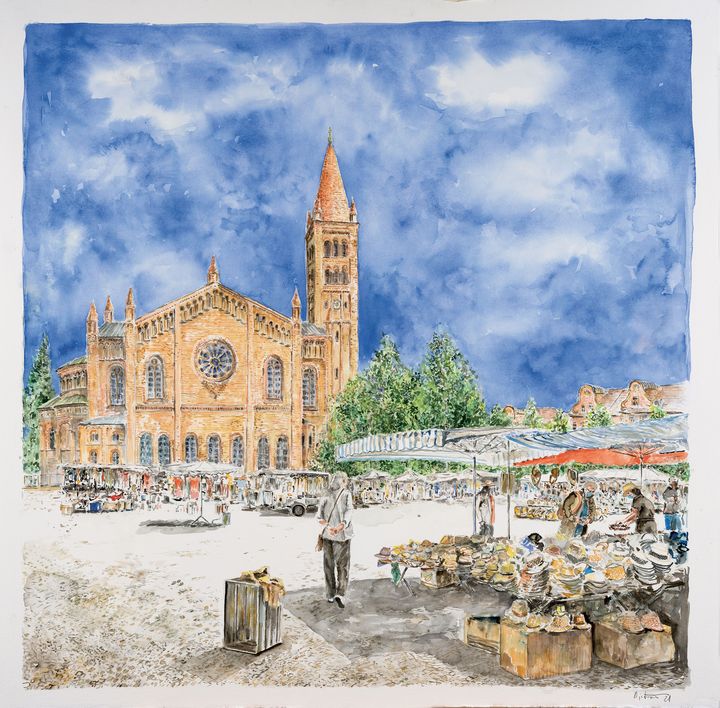 Auf dem Gemälde ist die St. Peter und Paul Kirche im Hintergrund und im Vordergrund der Bassinplatz mit buntem Markttreiben abgebildet