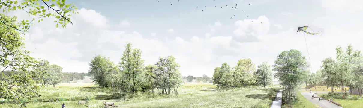 Visualisierung Visualisierung einer Parkanlage mit weiten Wiesen, einem Steg und einem fließenden Gewässer