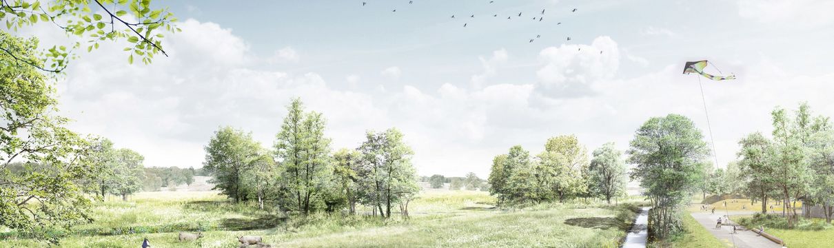 Visualisierung Visualisierung einer Parkanlage mit weiten Wiesen, einem Steg und einem fließenden Gewässer