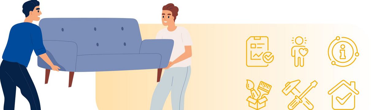 Auf der Illustration tragen zwei gezeichnete Menschen eine Couch. Daneben sind verschiedene Symbole zu sehen. Etwa ein Haus und ein Hammer mit einem Schraubenzieher. 