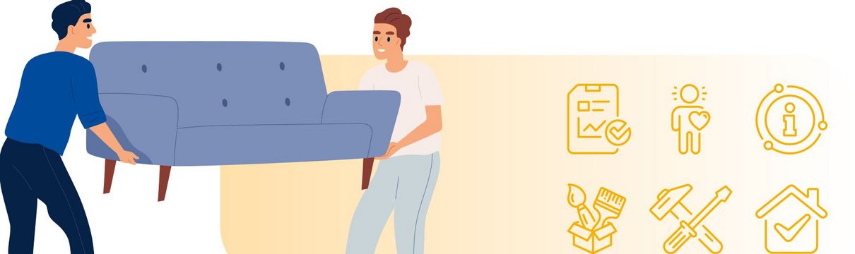 Auf der Illustration tragen zwei gezeichnete Menschen eine Couch. Daneben sind verschiedene Symbole zu sehen. Etwa ein Haus und ein Hammer mit einem Schraubenzieher.