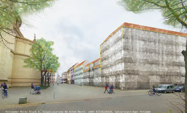 Computervisualisierung einer Straße, links mit Kirche, rechts neue Fassade mit verschiedenen Dacharten und Haushöhen