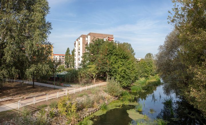 Zwei kleine, grün bewachsene Wege kreuzen sich am Ufer der Nuthe mit Blick auf die Plattenbauten am Schlaatz