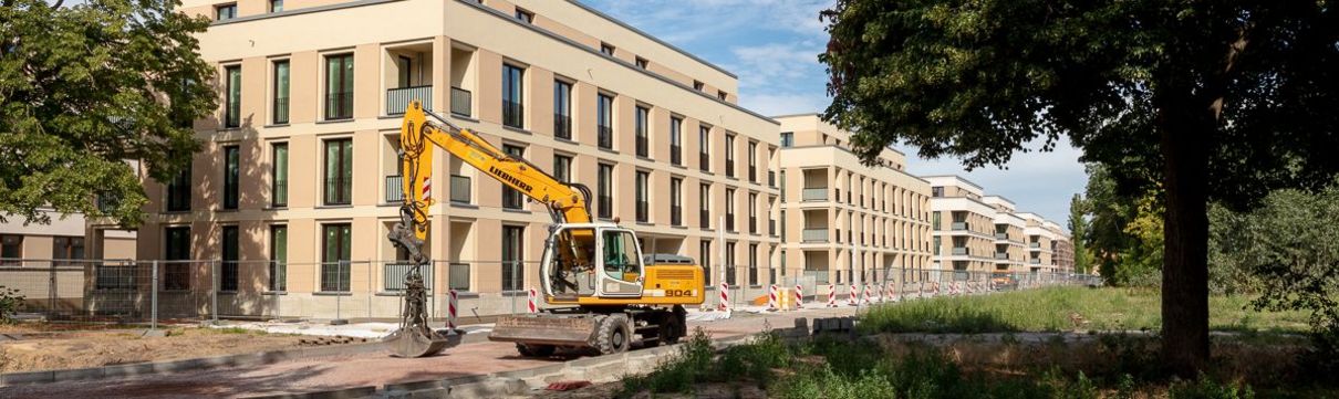 Baum auf Wiese, hinter der sich ein Neubaufeld anschließt mit einem viergeschossigem, neuen Haus vor dem ein Bagger steht