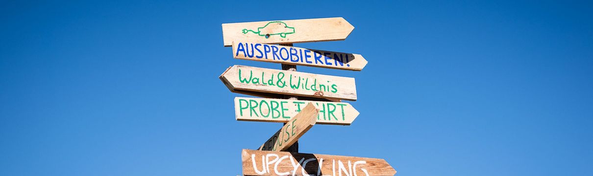Wegweiser mit den Aufschriften Ausprobieren, Wald und Wildnis, Probefahrt, Upcycling, Reuse und einem Autosymbol