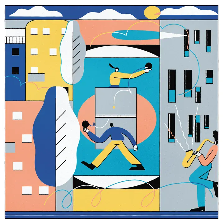 Der moderne Innenhof des Nikolaisaals Potsdam ist mithilfe weniger Farben und geometrisch anmutender Formen illustriert